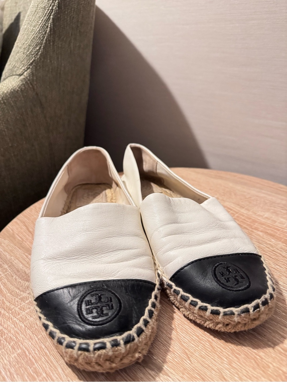 Tory Burch Ivory Leather Espadrilles with Black Toe Cap